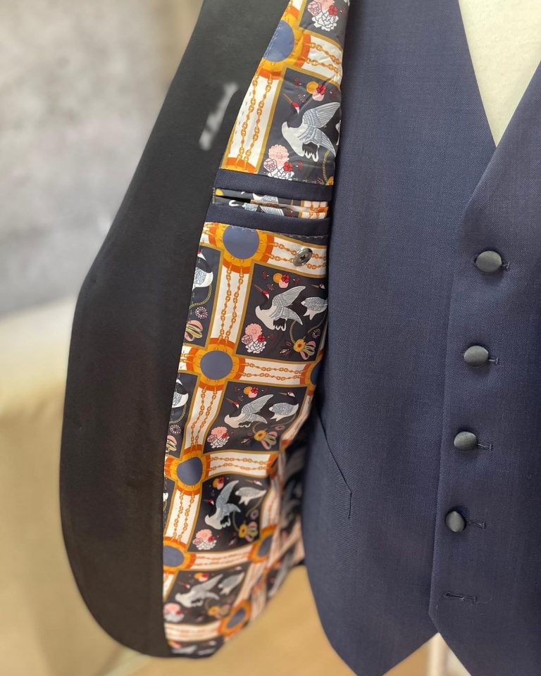 Traditional Japanese crane pattern used as the lining of a navy jacket