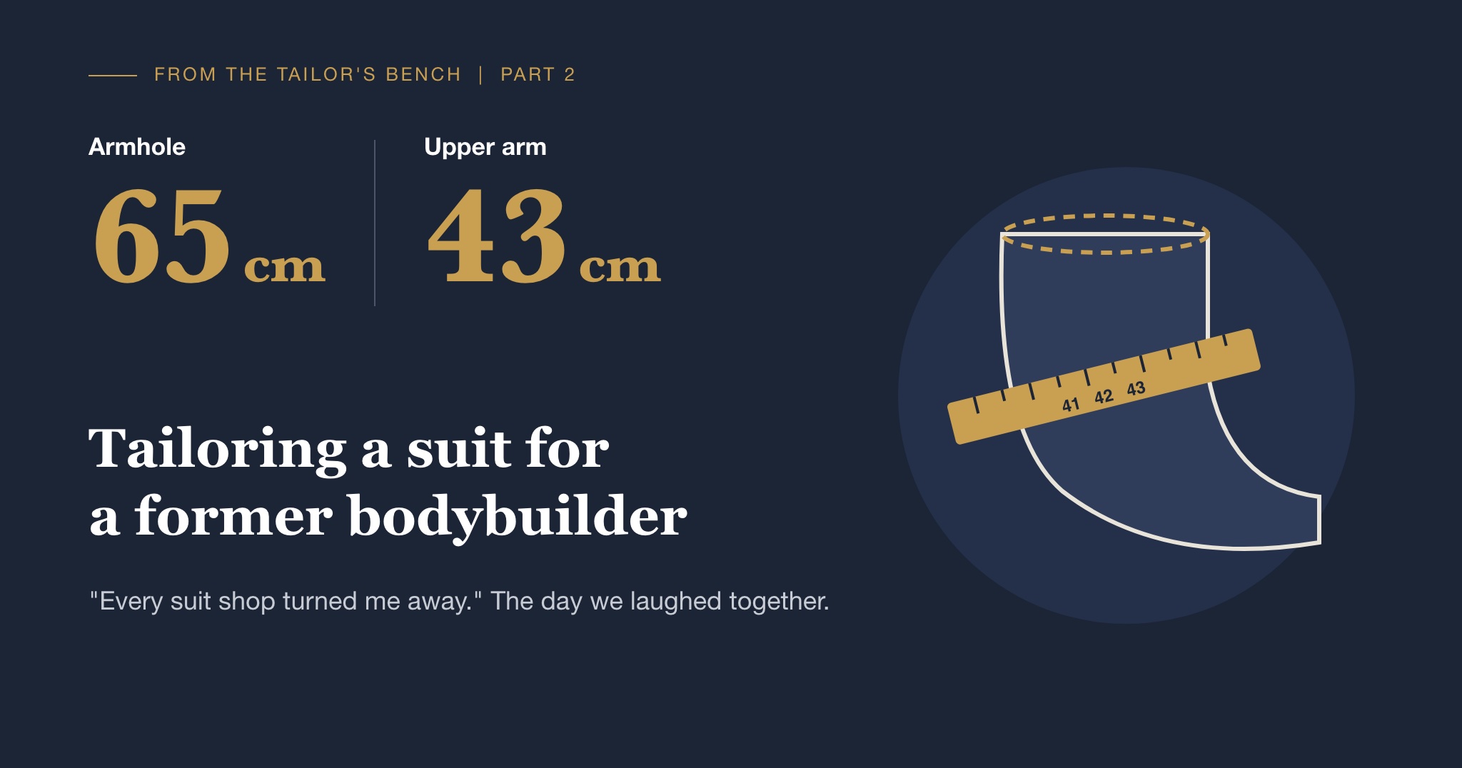Tailoring a suit for a former bodybuilder: 65 cm around the armhole and 43 cm around the upper arm
