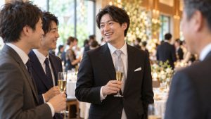 結婚式の披露宴で黒スーツにシルバーのネクタイを合わせて談笑する参列者