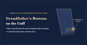 Grandfather's buttons on the cuff: a navy jacket sleeve with an heirloom button among the cuff buttons