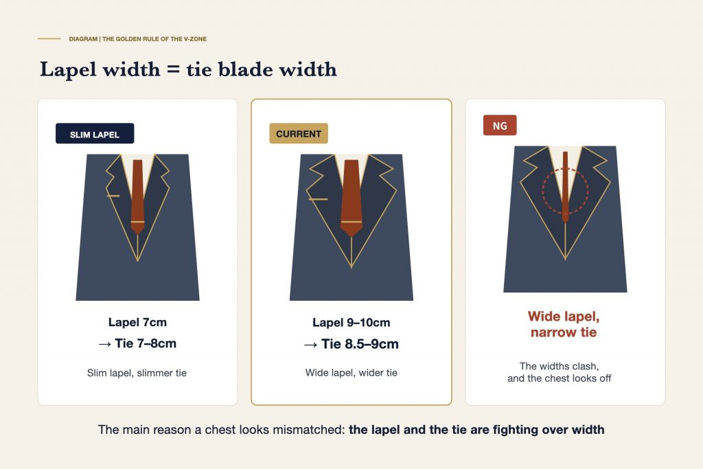 Diagram of the V-zone rule: match the jacket's lapel width to the width of the tie blade