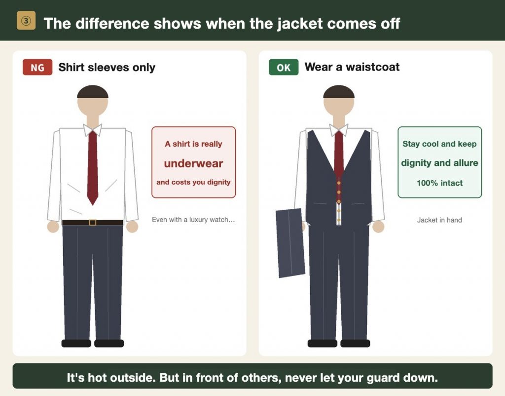 A summer three-piece: the waistcoat keeps a man looking dignified even with the jacket off