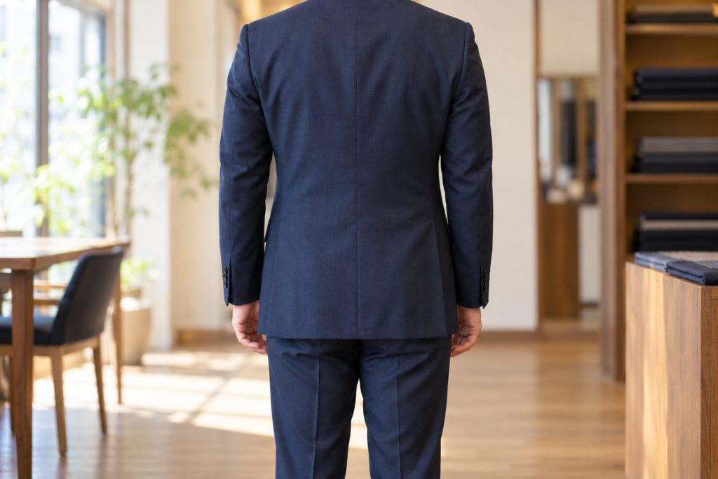 後ろから見たジャケットの着丈。お尻がほぼ隠れる長さ