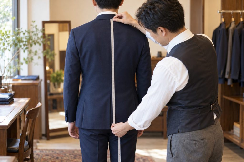 背中の衿の付け根からメジャーで着丈を測る様子