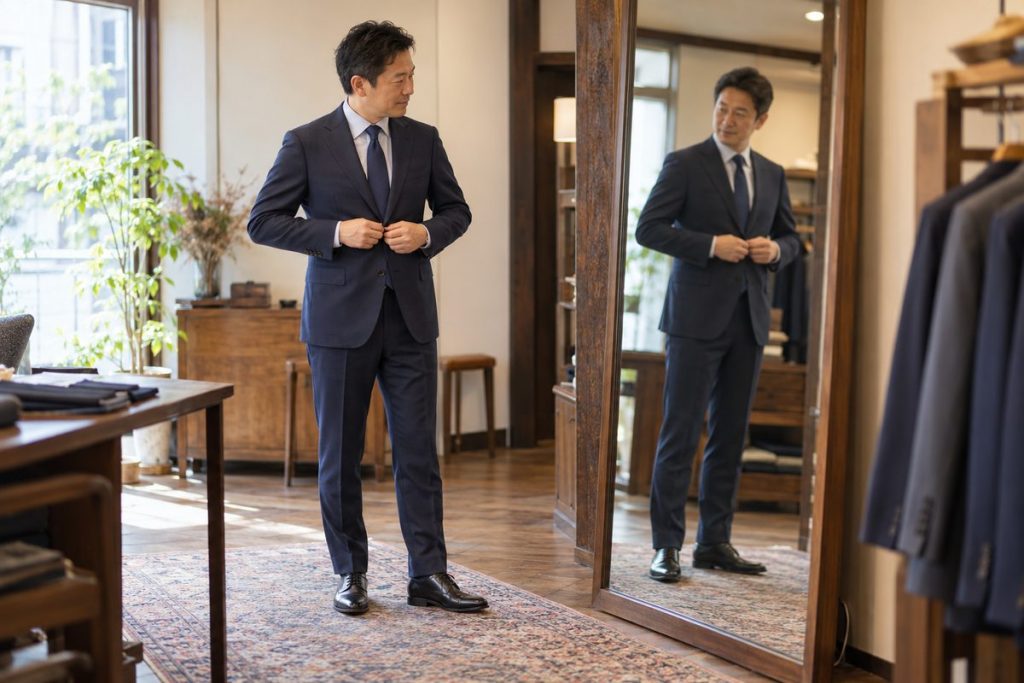 鏡の前でジャケットのボタンを留めてサイズ感を確かめる男性