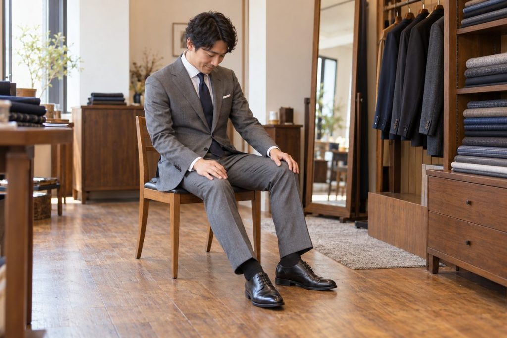 スーツを着て椅子に座り、着心地を確かめる男性