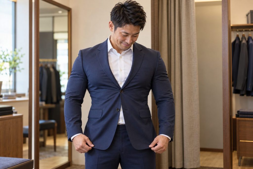 肩と腕が窮屈なジャケットを試着する体格のいい男性