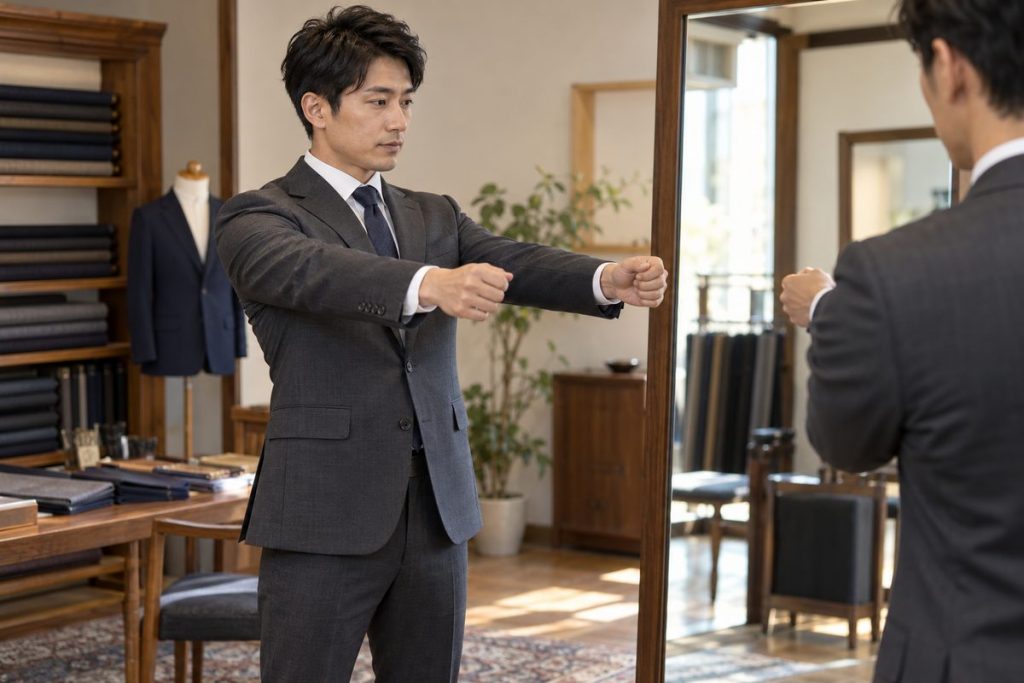 試着室で腕を前に伸ばしてジャケットの動きやすさを確かめる男性