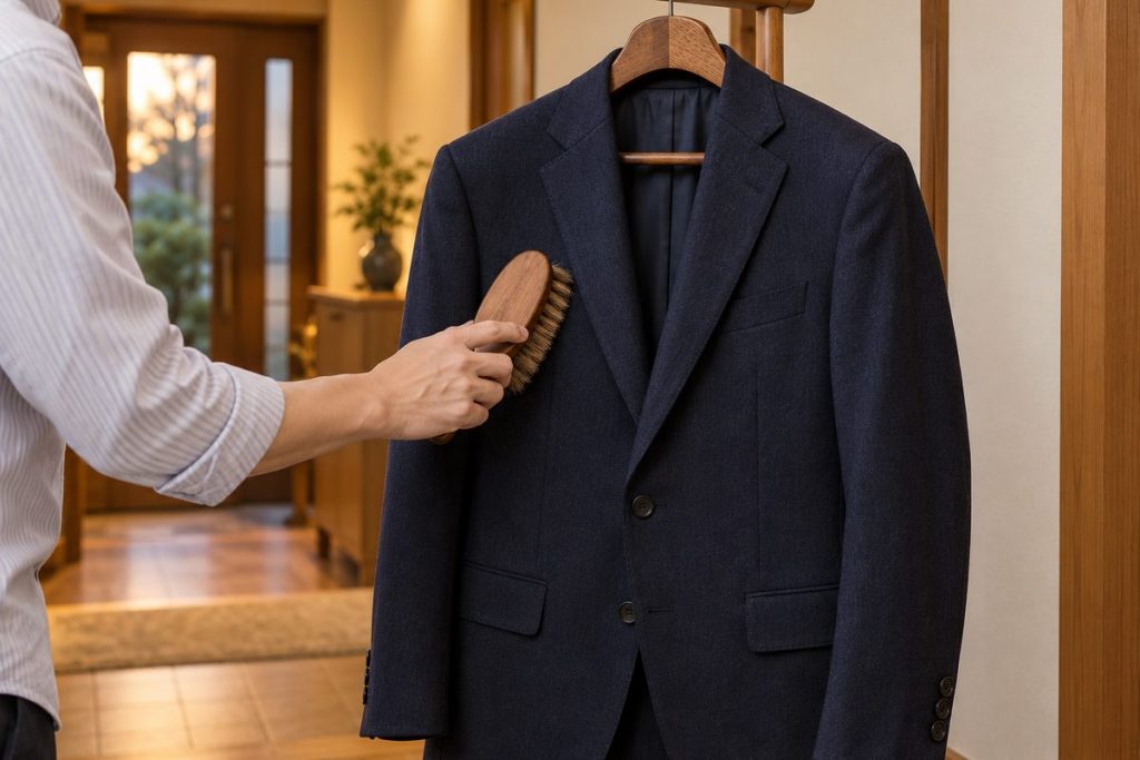 ハンガーにかけたジャケットを洋服ブラシで手入れする様子