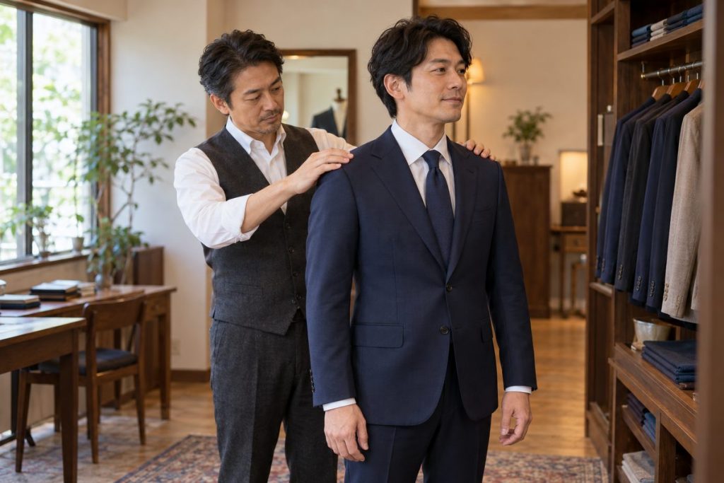 試着したジャケットの肩まわりを後ろから確認するスタッフ