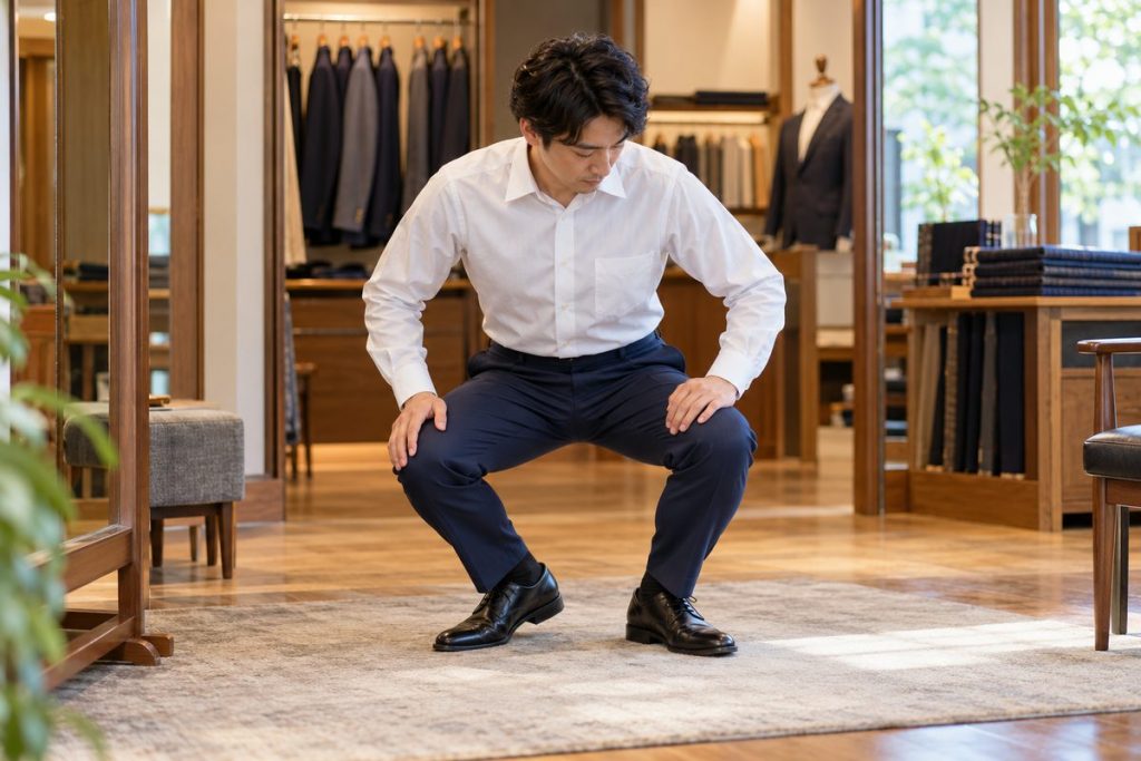 試着室で膝を曲げてスラックスの突っ張りを確かめる男性