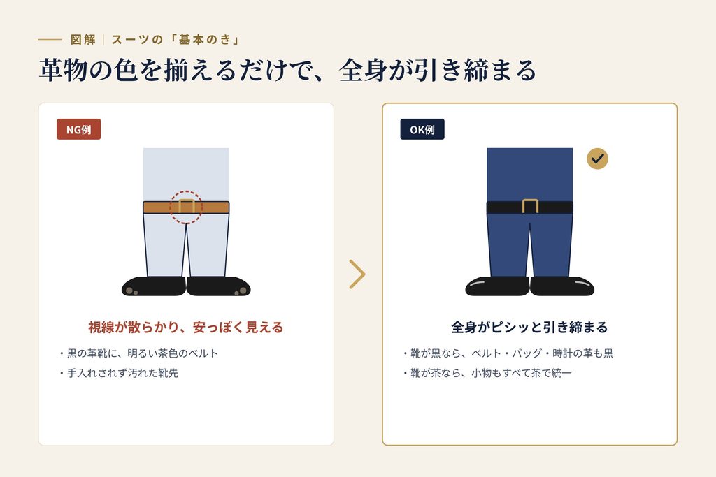 靴とベルトの革の色を揃えたOK例と揃えていないNG例の比較図