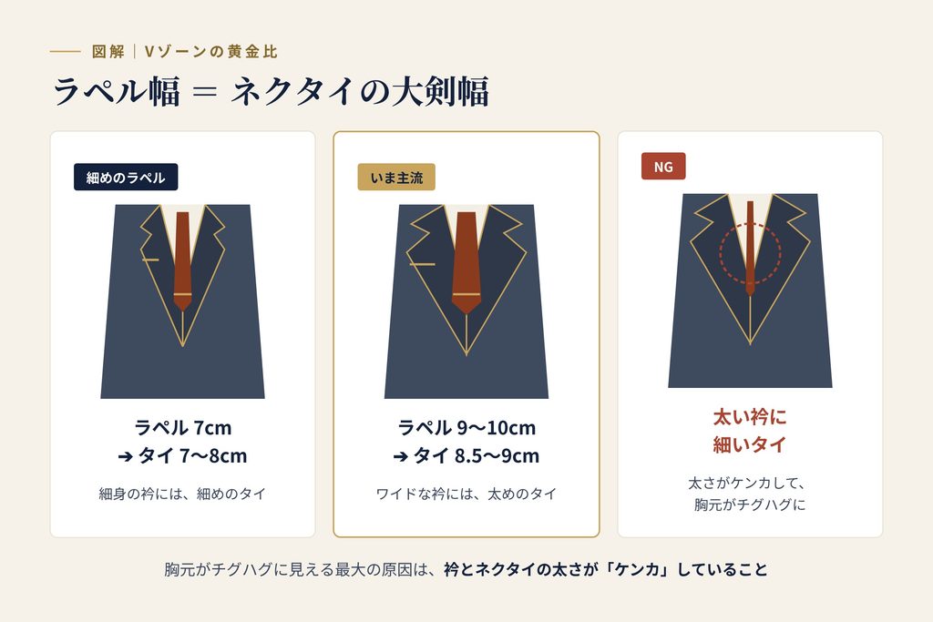 ジャケットのラペル幅とネクタイの大剣幅を揃えたVゾーン