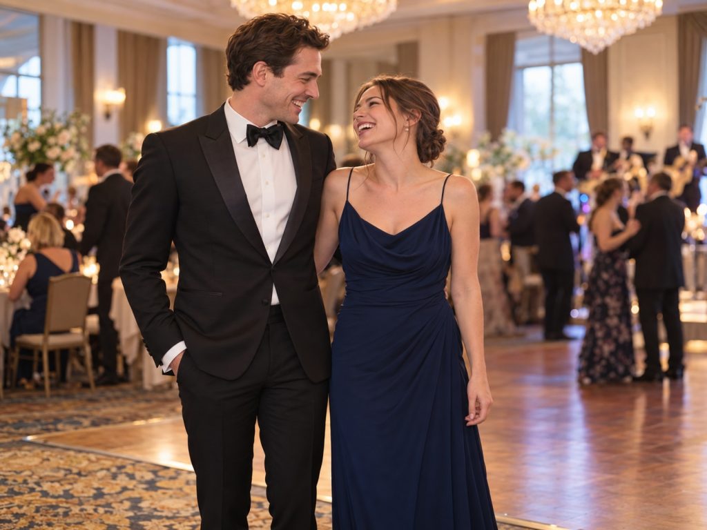 A couple in a tuxedo and an evening gown at a formal dinner and dance