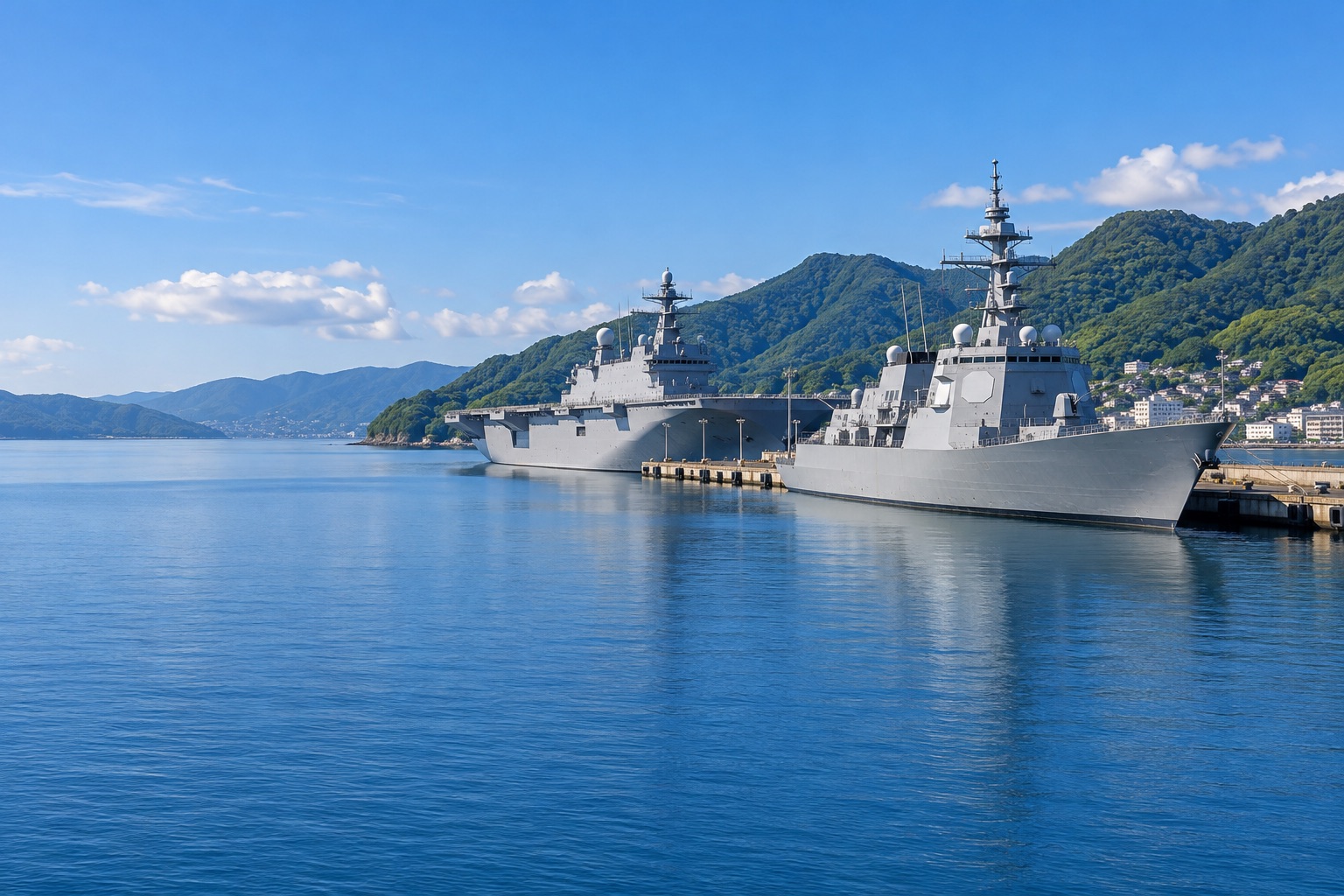 Gray naval ships moored in a harbor surrounded by green hills